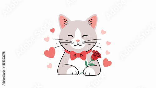 Light gray cat with white paws and chest patch wearing a red bow tie and holding a red rose on a background of red hearts