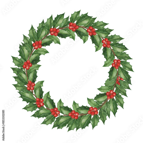High-quality, ultra-detailed watercolor illustration of a traditional christmas wreath made of vibrant holly and glossy red ilex berries, isolated on white background with central copy space. Concept