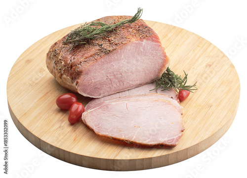 Pork ham slices with spices on a white background