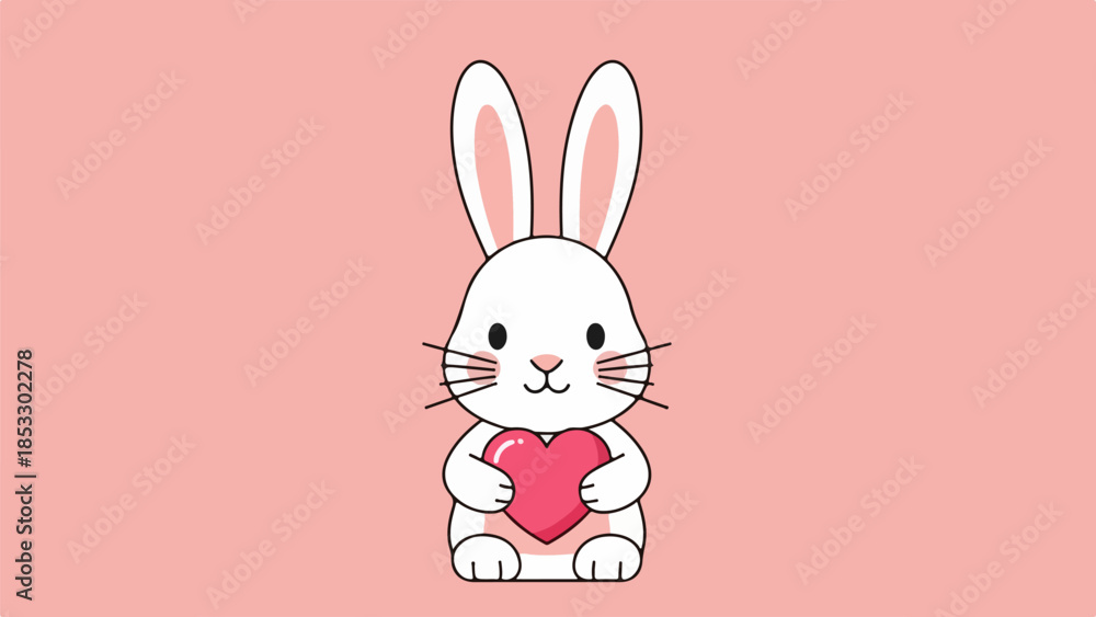 Fototapeta premium Stylized illustration of a white rabbit holding a red heart against a pink background