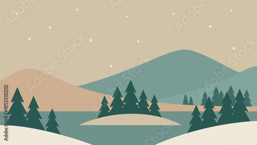 Minimalistic winter landscape with island on a lake in the mountains. Hand drawn vector illustration