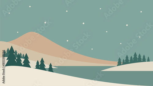 Minimalistic night winter landscape. Mountain river vector illustration