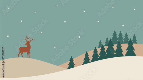 Minimalistic winter landscape with deer on the hill. Hand drawn vector illustration