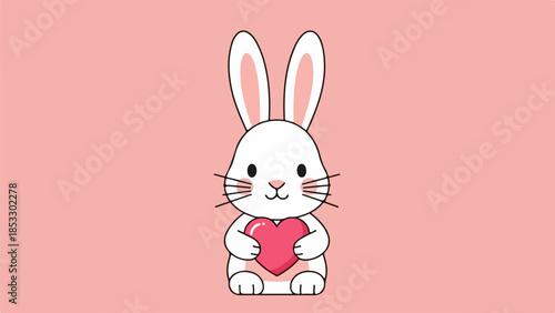 Stylized illustration of a white rabbit holding a red heart against a pink background