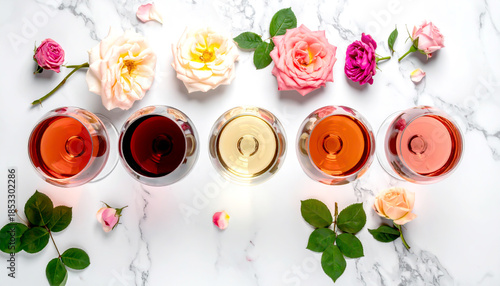 Verschiedene Weine in Weingläsern mit Rosen im Flatlay