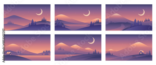 Minimalistic winter night landscape illustrations in Nordic style. Vector gradient images in purple colors