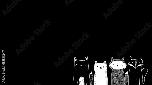 Four cute hand-drawn black and white cartoon animals on a black background, featuring a bear, cat, raccoon, and fox in a minimalist style.