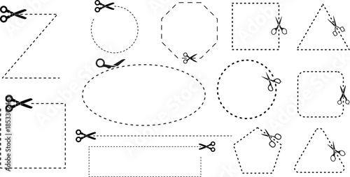 Scissor cutting lines in various dashed and dotted styles. Each line includes a small scissor icon for guidance, TRANSPARENT BACKGROUND