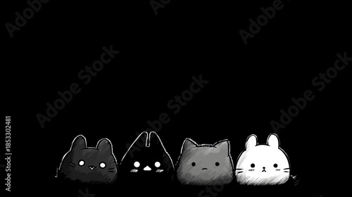 Adorable animated black, grey, and white cartoon creatures wiggling on a dark background, cute minimalist critters