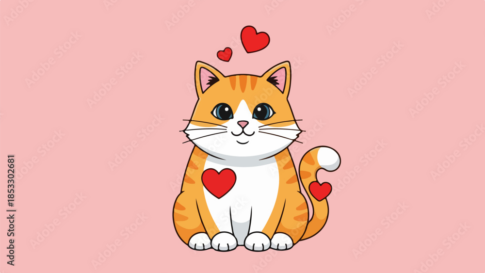 Obraz premium Seated orange tabby cat with white markings and red hearts on pink background