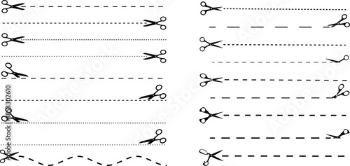 Scissor cutting lines in various dashed and dotted styles. Each line includes a small scissor icon for guidance, TRANSPARENT BACKGROUND