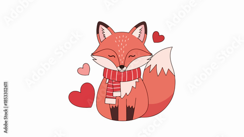 Stylized fox with red and white scarf and hearts on neutral background