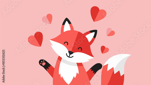 Stylized cartoon fox with red fur and black-tipped ears waving against a pink background surrounded by red hearts