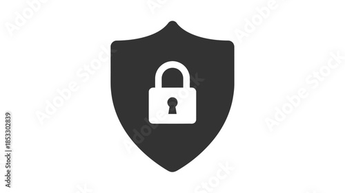Black shield icon with a white padlock symbol inside representing security and protection