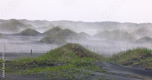 Scenic view of fog covered black sand beach at Vestrahorn, Iceland in spring time