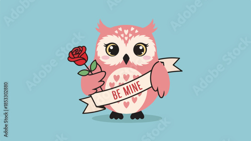 Illustrated owl with red rose and 'BE MINE' banner on light green base against blue background