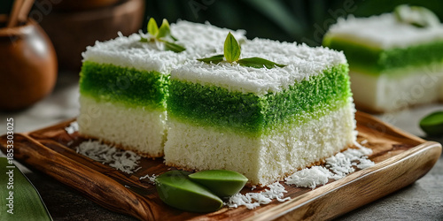Layered coconut and pandan rice flour cake in white and green colors