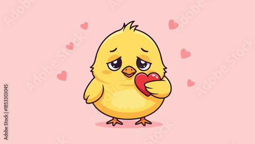 Cheerful cartoon chick holding a red heart on a pink surface with scattered hearts