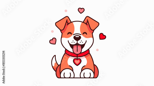 Cheerful cartoon dog with red collar and heart pendant surrounded by floating hearts