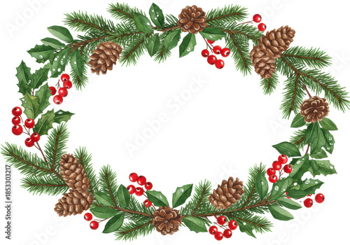 highly detailed, hand-painted watercolor frame of fir branches, pinecones, holly leaves, and red berries on a transparent background with central copy space, traditional christmas elegance concept