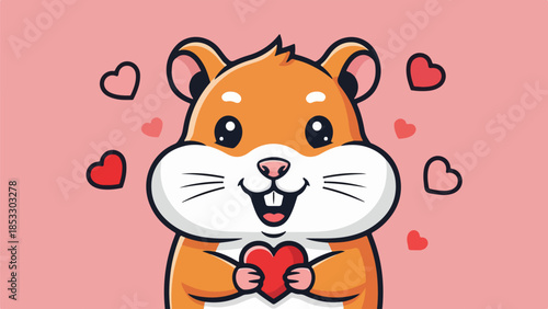 Cheerful cartoon hamster holding a red heart with floating hearts on a soft pink background
