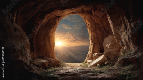 Wallpaper Mural The scene shows the opening of a cave with sunlight pouring in. The sun rises over the mountains in the distance. Rocks and grass are visible at the cave entrance creating a natural frame. Torontodigital.ca