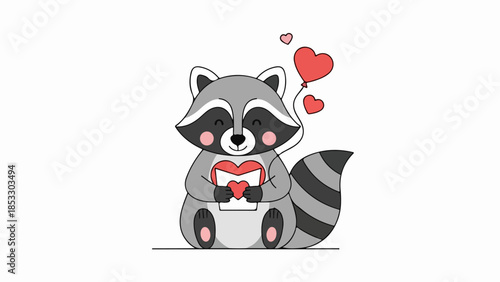 Cartoon raccoon with gift box and heart balloons illustration