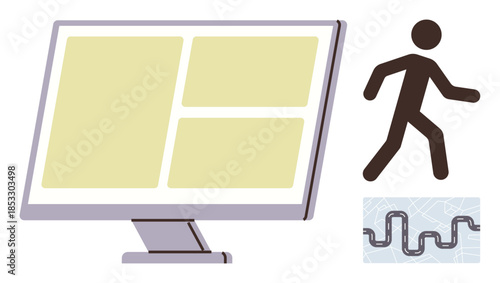 Computer screen with grid layout, walking figure, and simplified map route. Ideal for navigation, UI design, analytics, journey visualization, data tracking, strategy and progress representation