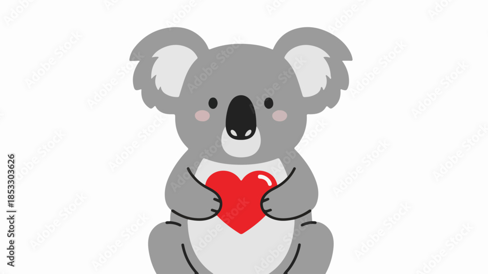 Naklejka premium Gray koala embracing a red heart on a neutral background