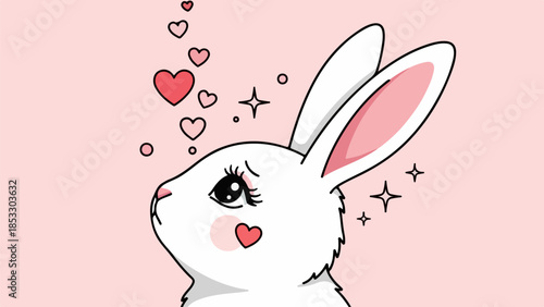 White rabbit blowing a kiss with hearts and sparkles on a light pink background