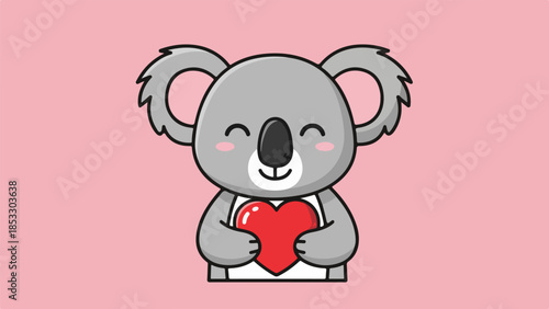Cartoon koala holding a red heart on a light pink background