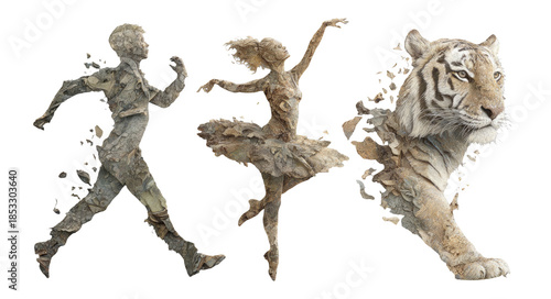 Dynamic Figures and Tiger in Artistic Style with Transparent Background