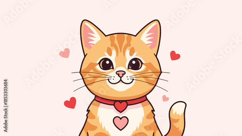 Friendly orange-and-white cat with red collar and heart pendant on beige background