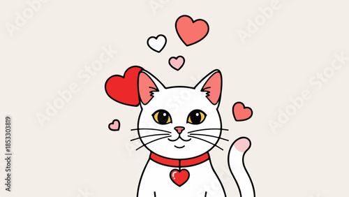 Hand-drawn illustration of a white cat with red collar and heart-shaped pendant surrounded by floating hearts