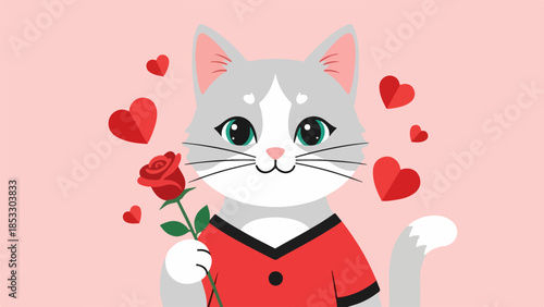 Cartoon cat with blue eyes holding a red rose on a pink background with hearts