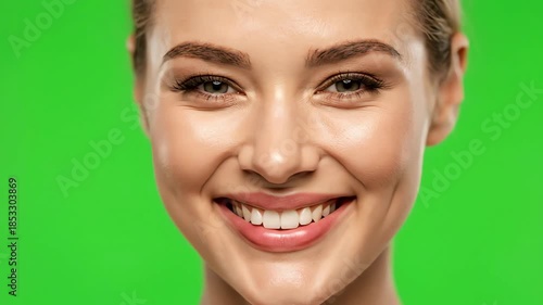 Close up portrait of a smiling young woman with dimples against a vibrant green screen background