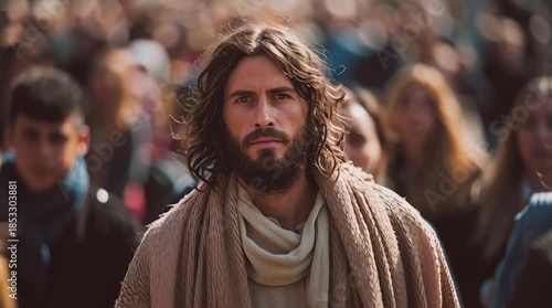 Man resembling jesus christ walking through a diverse, blurred crowd outdoors