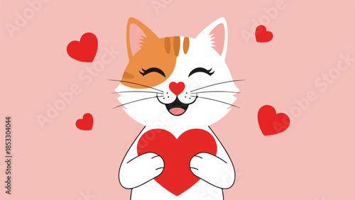 Stylized illustration of a contented two-toned cat holding a red heart on a light pink background