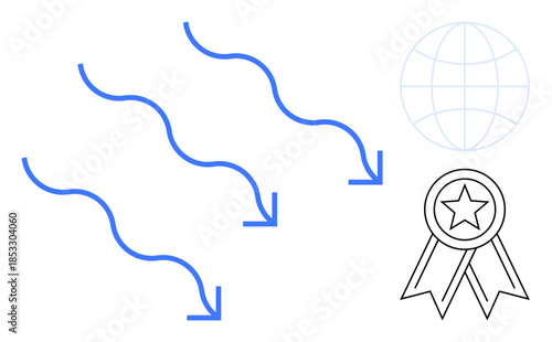Workflow management, global standards, process efficiency, quality assurance, system improvement, certification. Wavy arrows, globe award ribbon. Workflow management and global standards concept