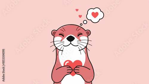 Cartoon otter holding a red heart with thought bubble of hearts on light pink background