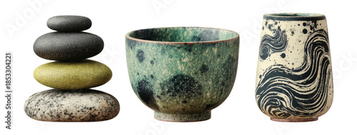 Elegant Stacked Stones and Artistic Bowl with Unique Patterns Isolated on Transparent Background
