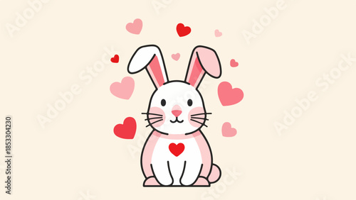 Playful white rabbit with pink accents surrounded by floating red and pink hearts