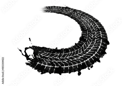 A highly detailed representation of an aggressive black liquid ink tire track mark with heavy grunge texture and dramatic splatters against a transparent studio background, high speed automotive