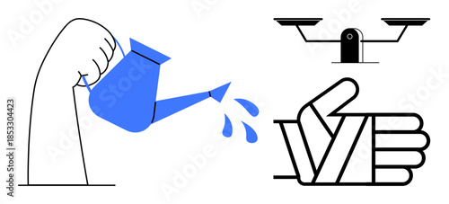 Growth, balance, decision-making, support systems, sustainability, motivation. Minimalist design with watering can, hand gestures and balanced scales. Growth and balance creatively in conceptual art