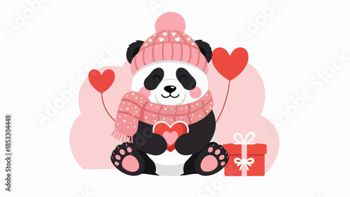 Whimsical illustration of a seated panda with a pink knitted hat and scarf holding a red heart