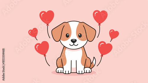 Brown-and-white puppy with red heart-shaped balloons on pink background
