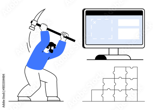 Data mining concept. Data mining ed with a worker using a mining tool alongside a computer screen and puzzle pieces. Data mining, problem-solving, and digital solutions. Ideal for business
