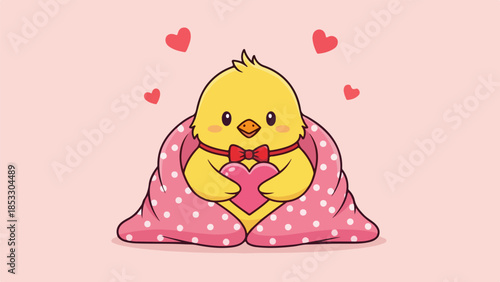 Yellow chick with red bow tie and pink polka-dot blanket holding a pink heart