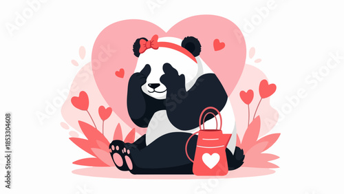 Playful seated panda with red bow and shopping bag on pink background with hearts and flowers