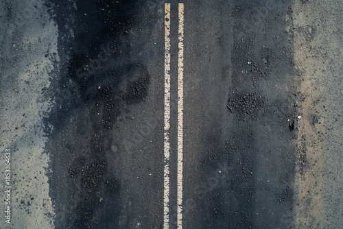 Overhead view of worn asphalt with central white line, dark patches. Rough texture, earthy tones create gritty atmosphere. Neural network AI generated